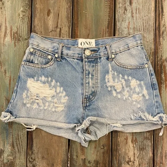 One Teaspoon Sz 5 (27) Denim Shorts Hawks High Rise Destroyed Ripped Butt - Picture 11 of 14